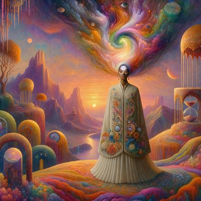 The primary subject of the image is a woman dressed in a long, flowing white coat, standing in a vibrant, colorful landscape. The setting includes a mountainous background, a clock, and a variety of other elements such as a clock, a bowl, and a cup. The visual style of the image is a combination of digital art and illustration, creating a unique and captivating scene. The colors and mood of the image are lively and energetic, with a strong focus on the woman as the